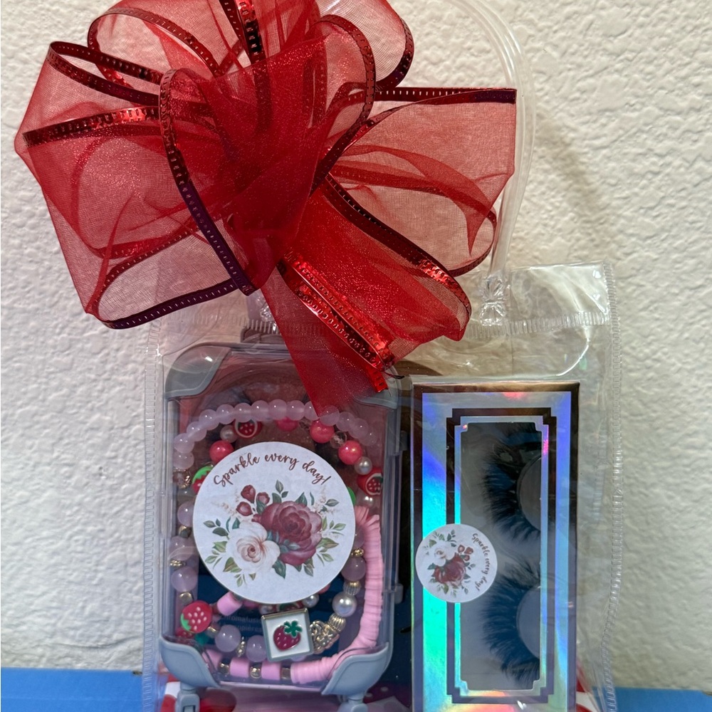 Sparkle Every Day Gift Bundle: Strawberry Bracelets, Lashes, Mini Suitcase